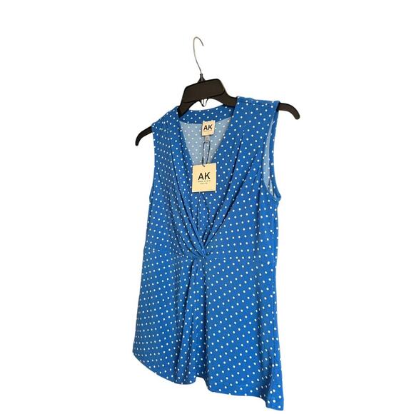 Anne Klein Petite Polka Dot Sleeveless V-Neck Blouse XS Blue Retro Spring Chic - Picture 4 of 5